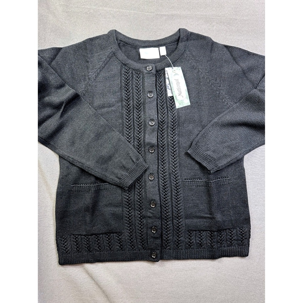 National Womens Black Pointelle Knit Button Front Cardigan Sweater PM Petite M